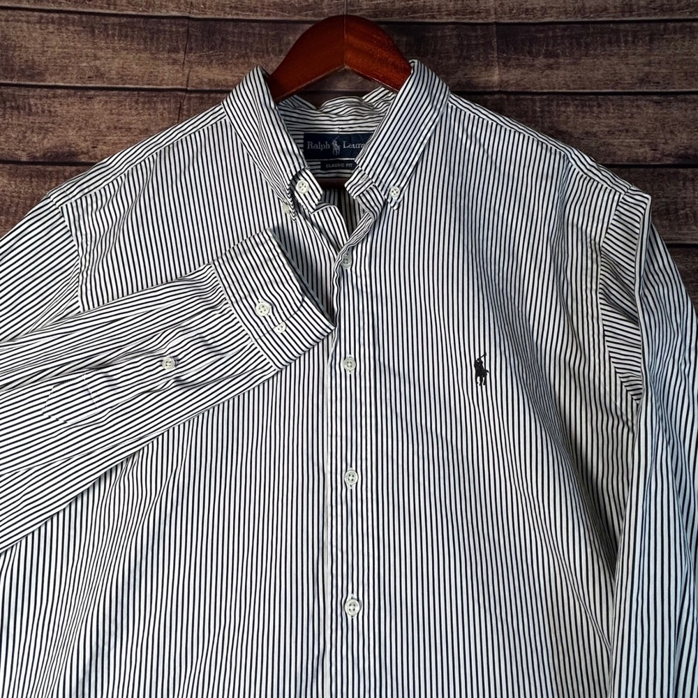 Ralph Lauren Mens XL Classic Fit Striped Button Down Shirt Black White Pony
